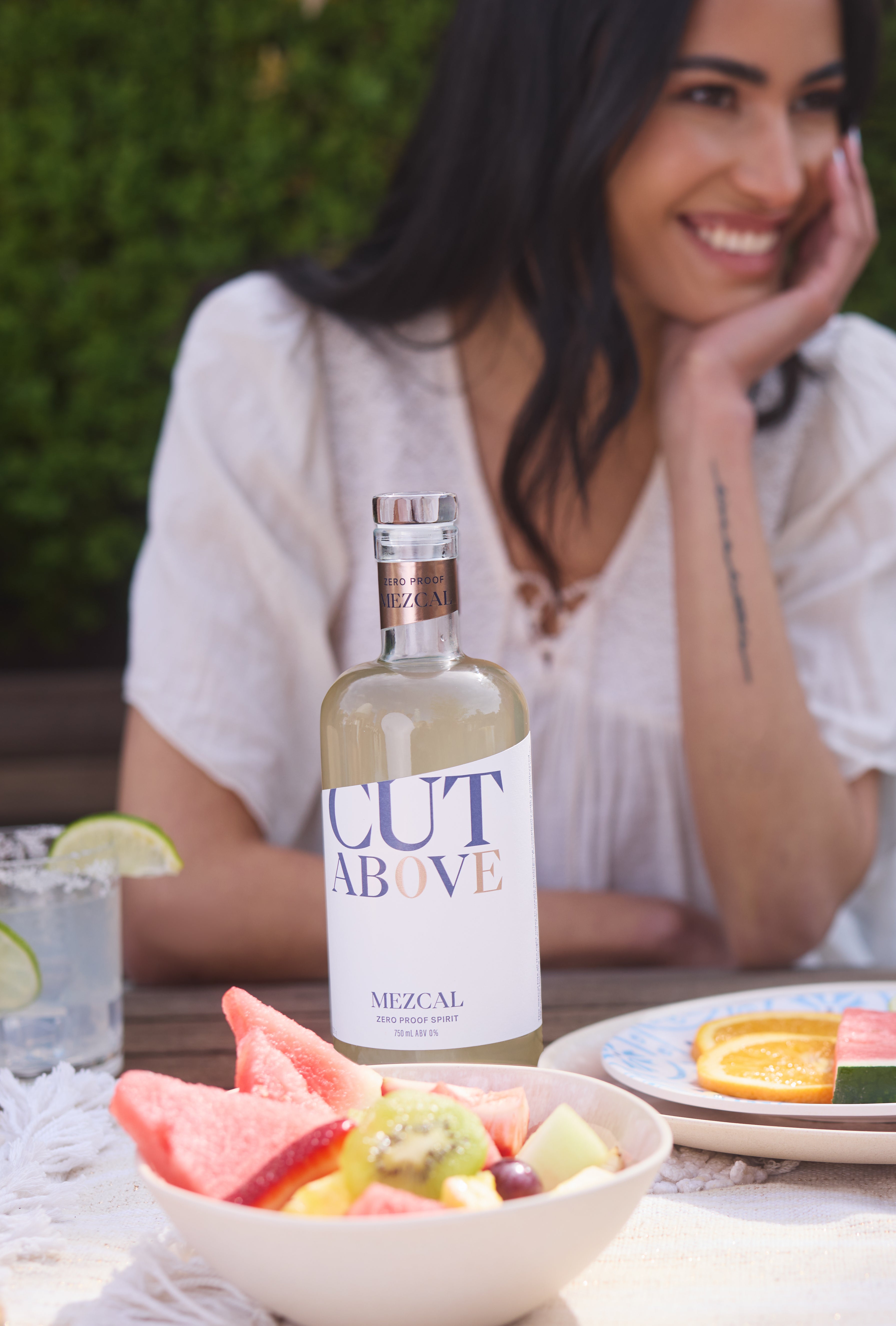 Zero Proof Mezcal - Cut Above Spirits - Nonalcoholic - Mocktail - Woman - Fresh Fruits - Lifestyle